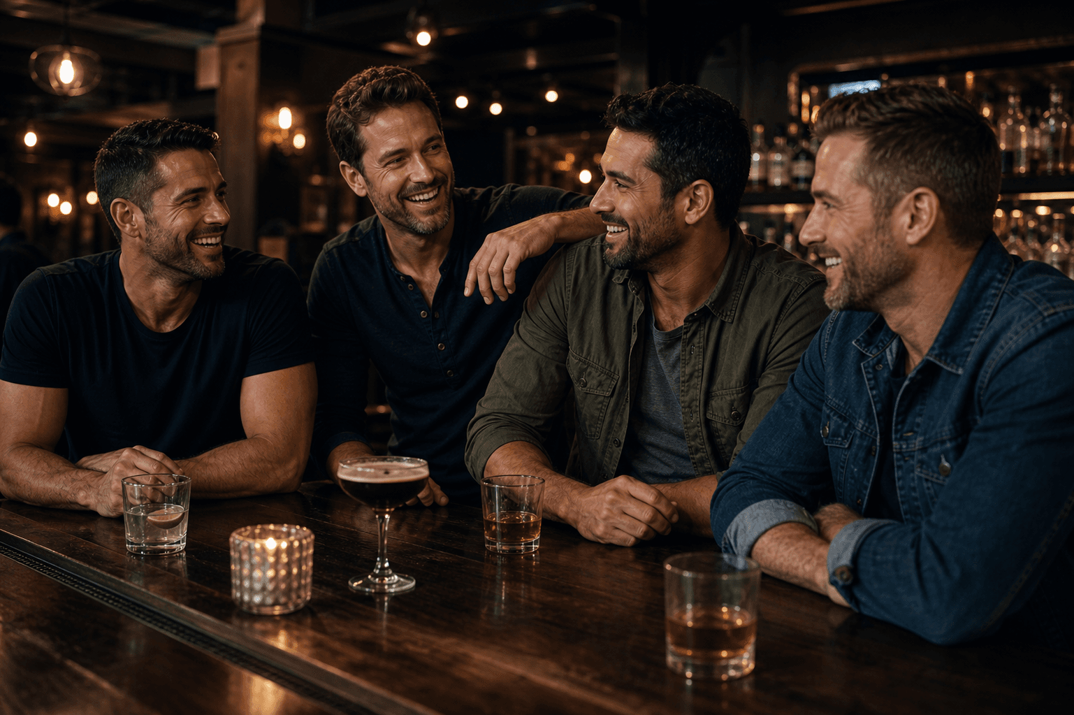 Men gathered at a dimly lit bar