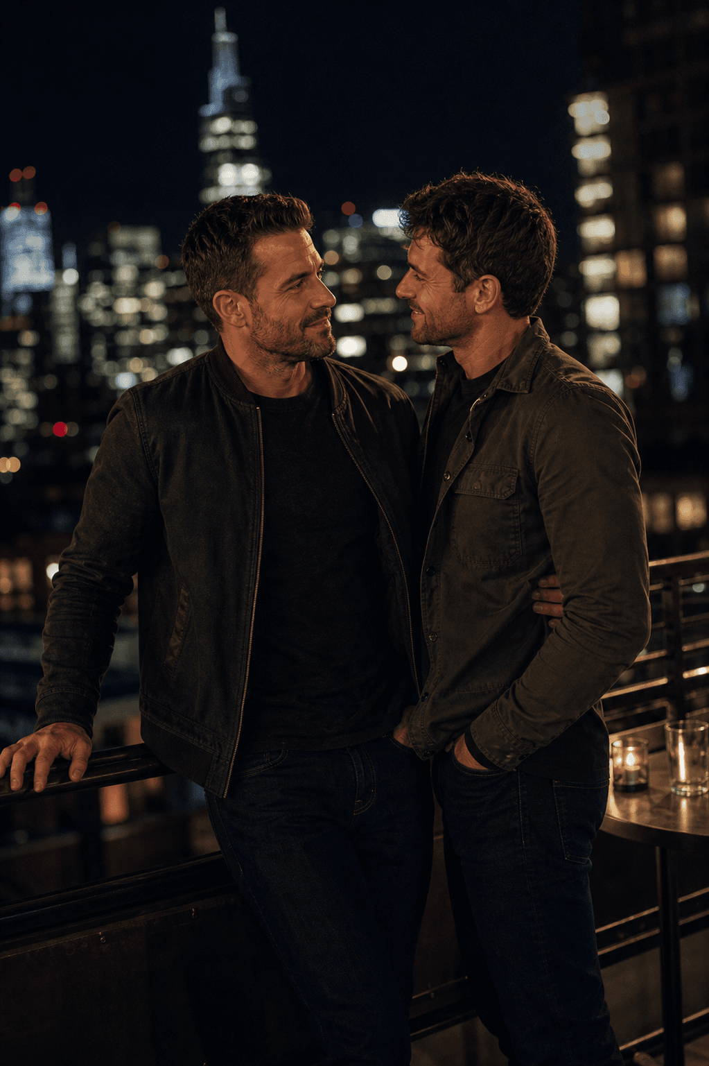 Two men on a city rooftop at night