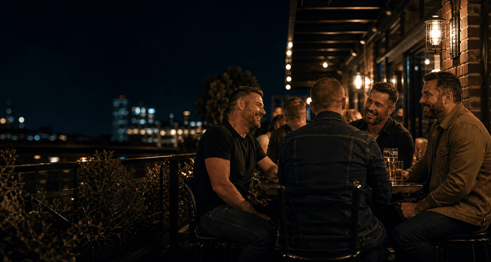 Adult men talking at a warm, dimly lit bar patio